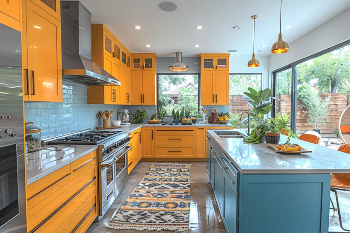 Kitchen with ugly bright yellow and blue cabinet color scheme