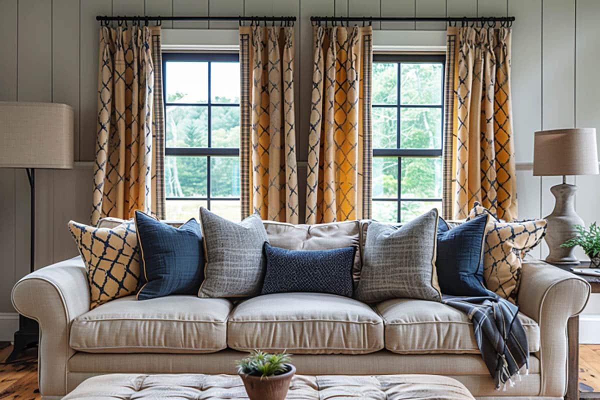 Room with yellow and blue geometric pattern curtains