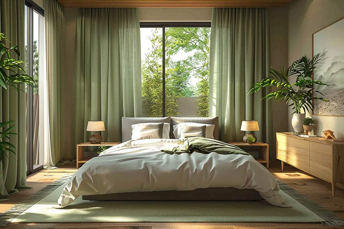 Modern bedroom with green curtains layered with sheers