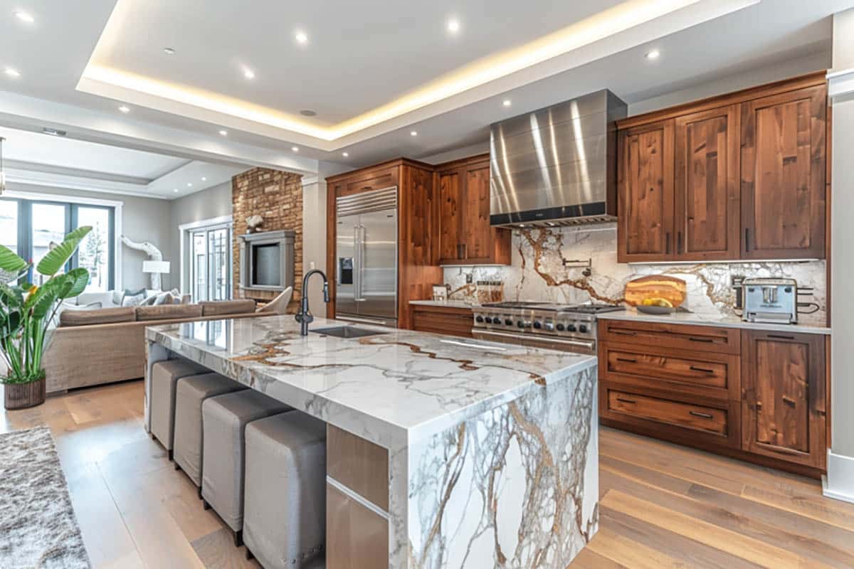 Modern kitchen with refrigerator next to living room