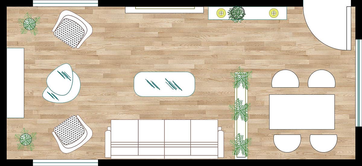 Room with multi functional zones layout