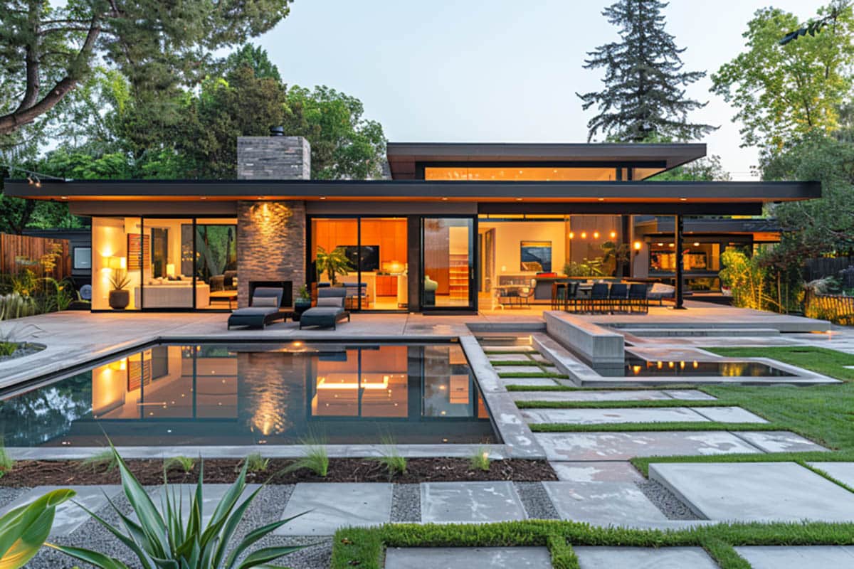 New modern home with concrete patio and swimming pool