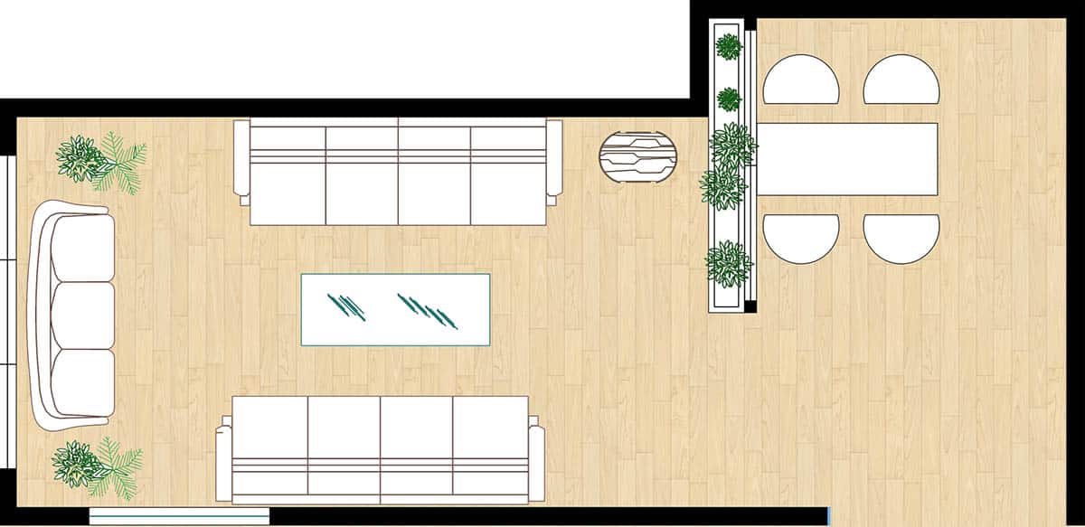 Semi-transparent room-divider to split livable areas