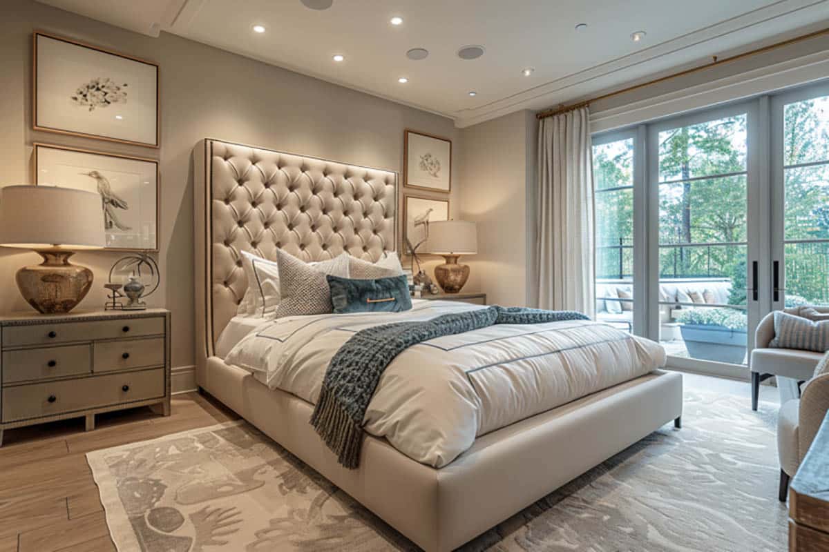 Stylish bedroom with tufted bed, beige walls and lighter curtains 