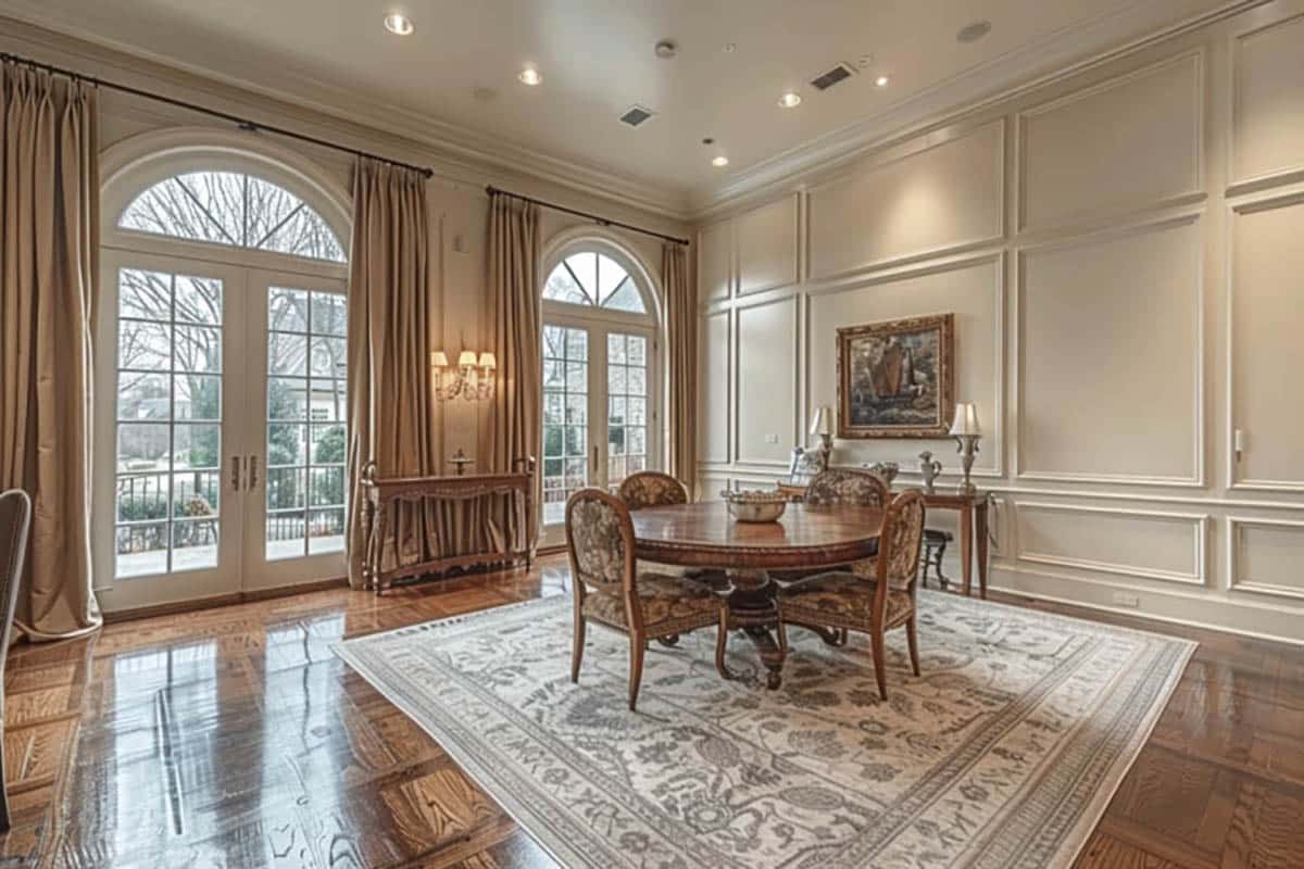 Traditional design room with off-white paint, wood parquet flooring and curtains