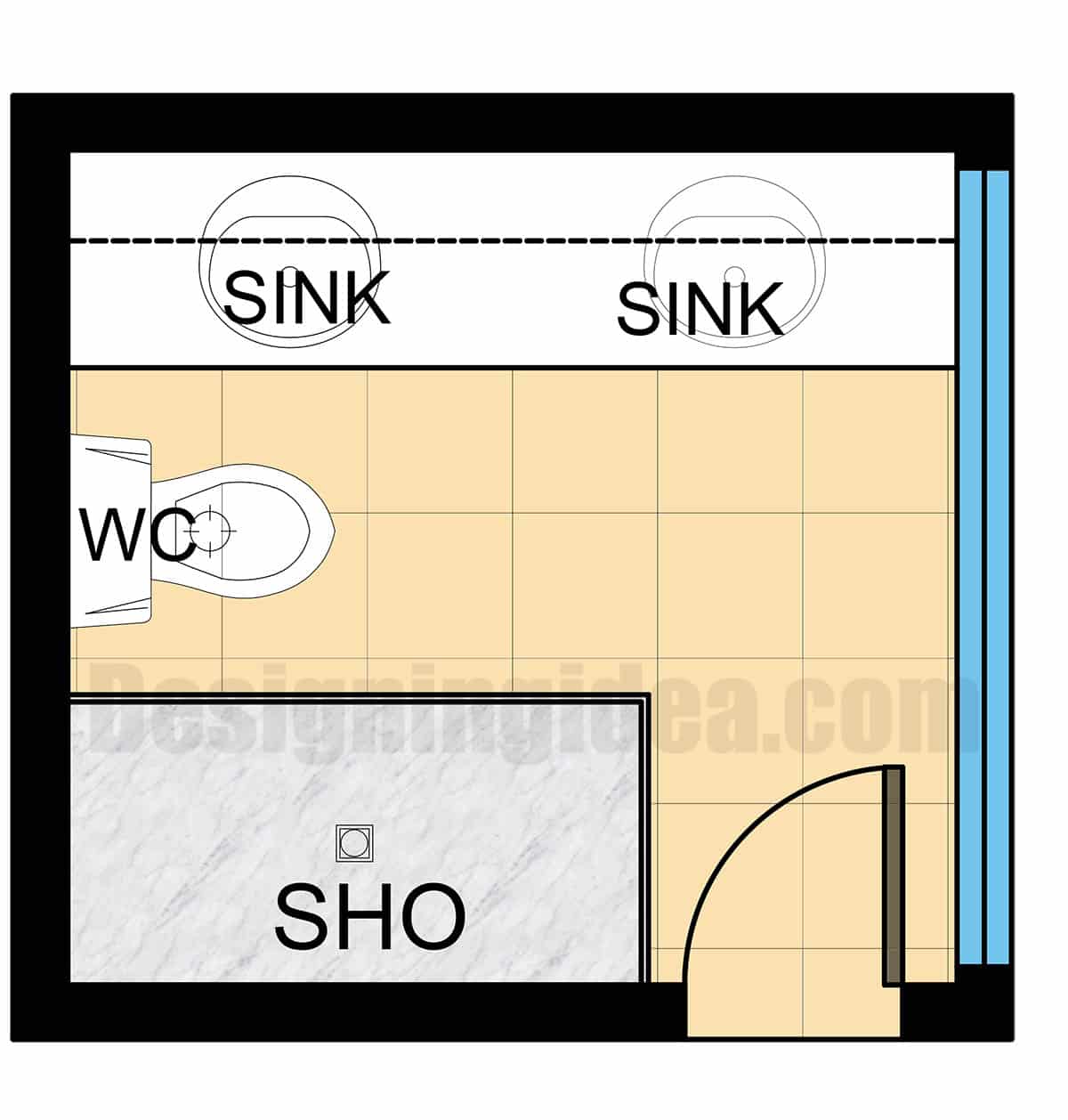 Compact galley layout with double sink vanity and shower