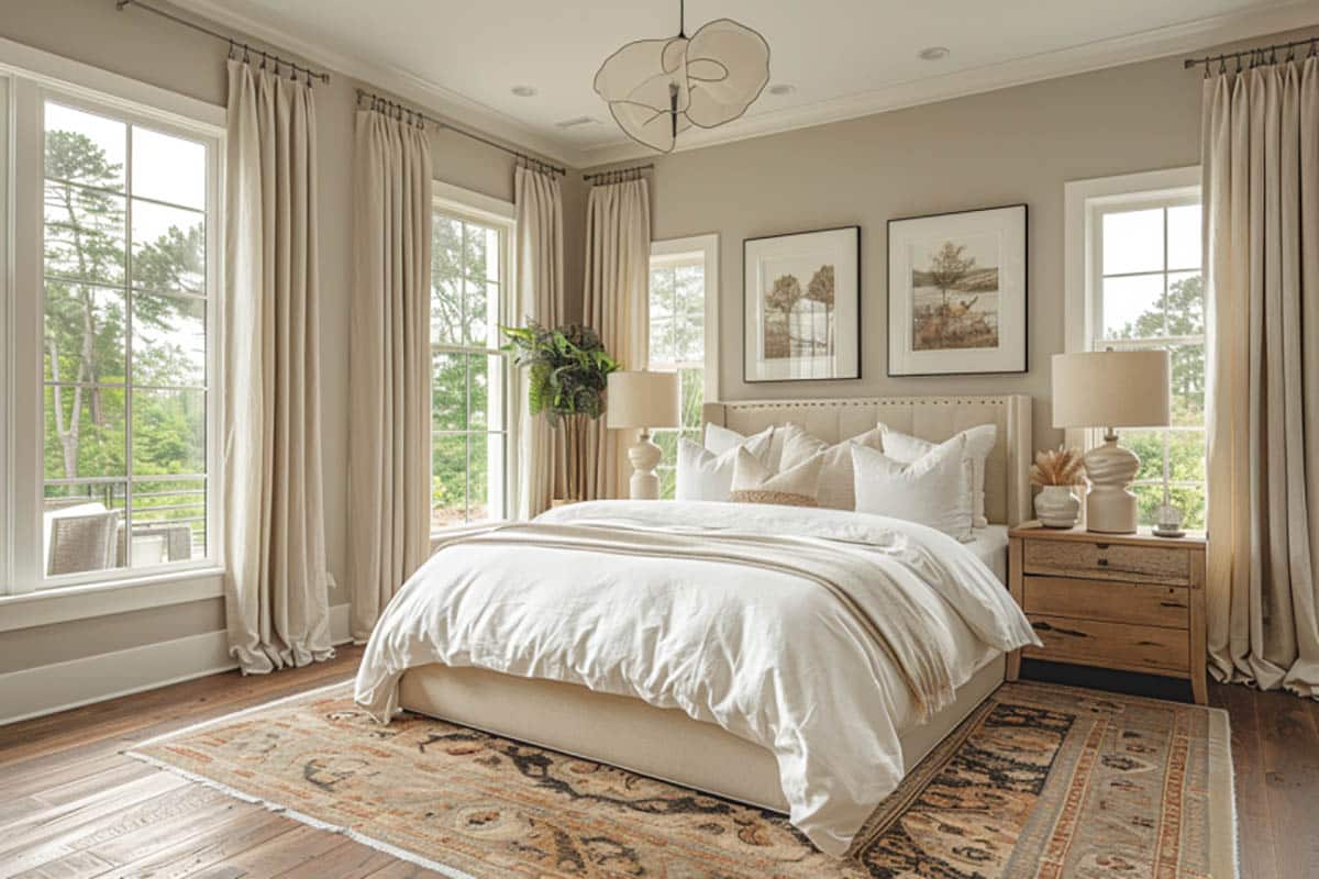 Contemporary bedroom with cream curtains neutral color theme