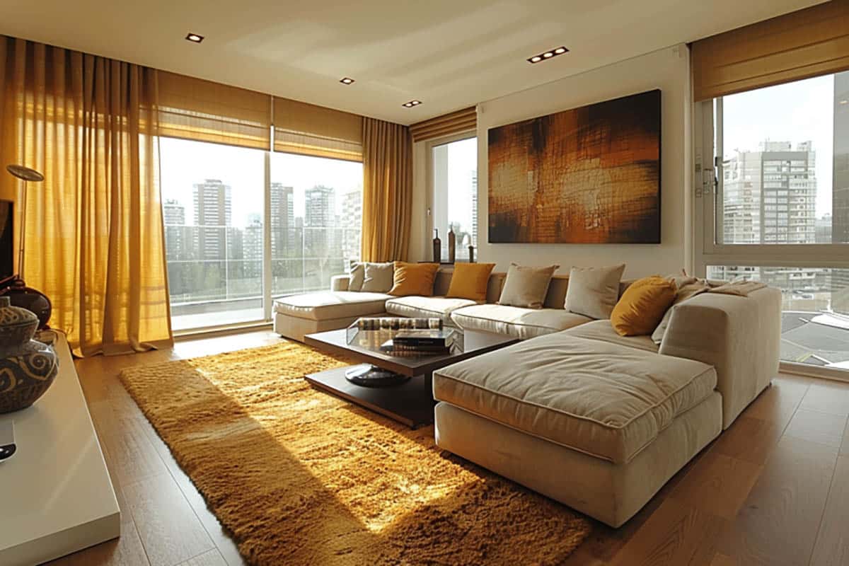 Room with golden yellow curtains