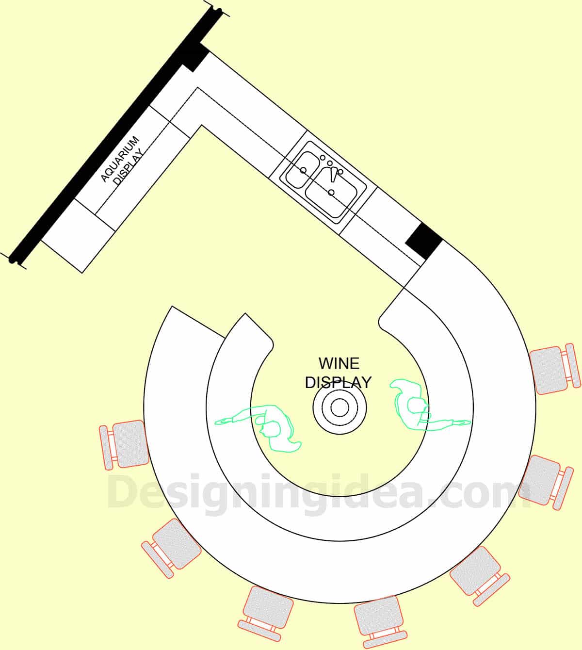 Home bar layout with curved countertop with barstools and wine display