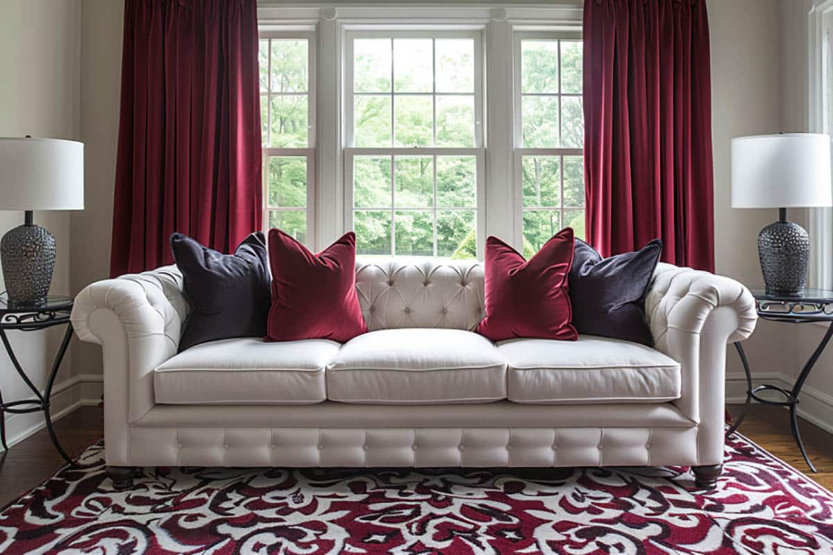 Burgundy curtains with matching rug and pillows