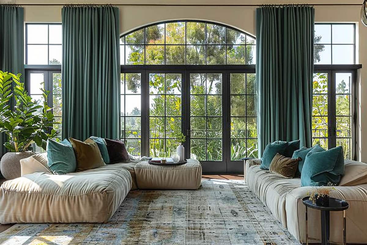 Emerald green curtains in open concept room