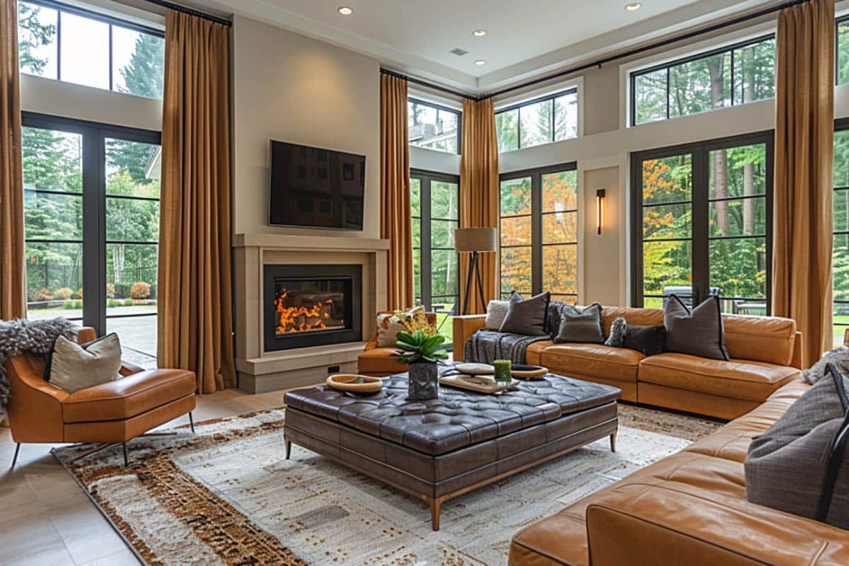 Caramel brown curtains in room with high ceilings and brown leather couches