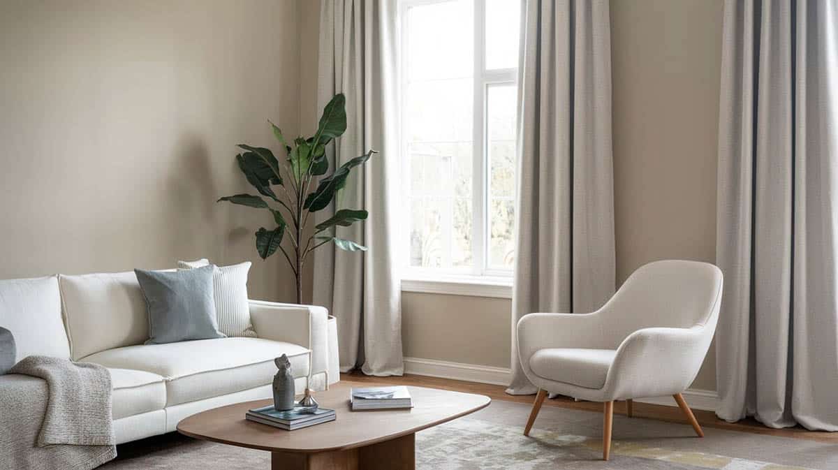 Pale gray curtains in stylish room