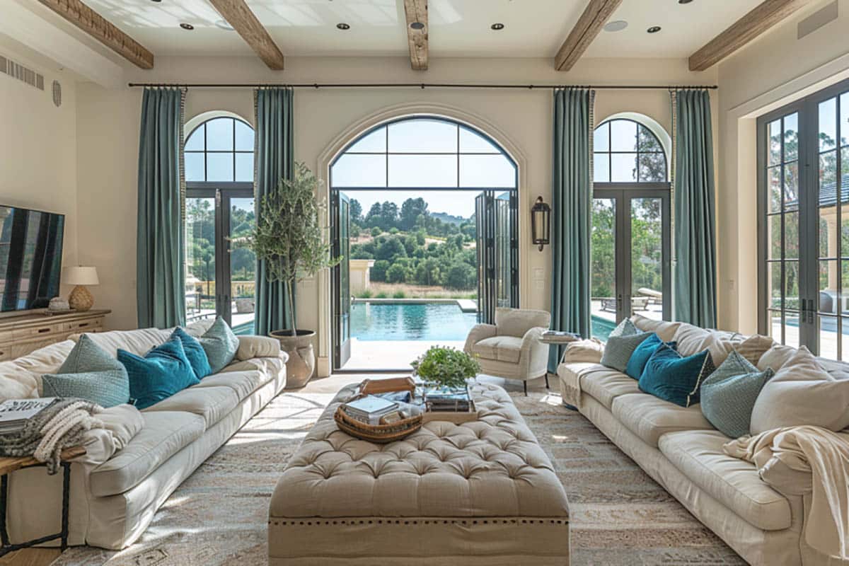 Aqua curtains with cream couches and tufted ottoman