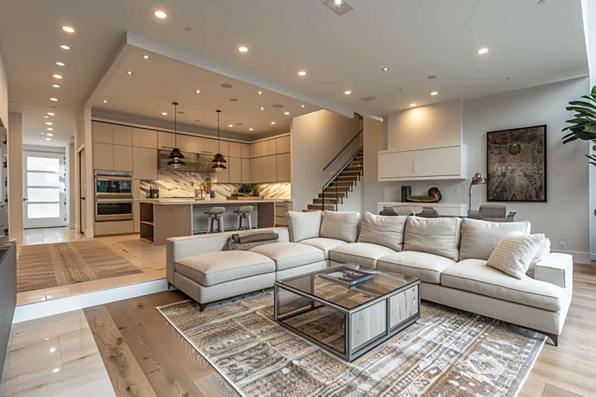 Modular sectional in stylish room with patterned rug