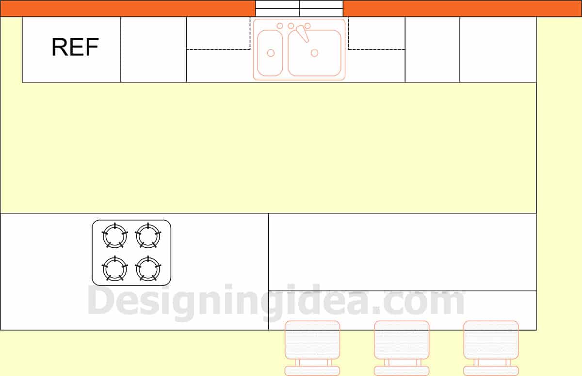 Modular bar placement with seating, cooktop, sink and fridge