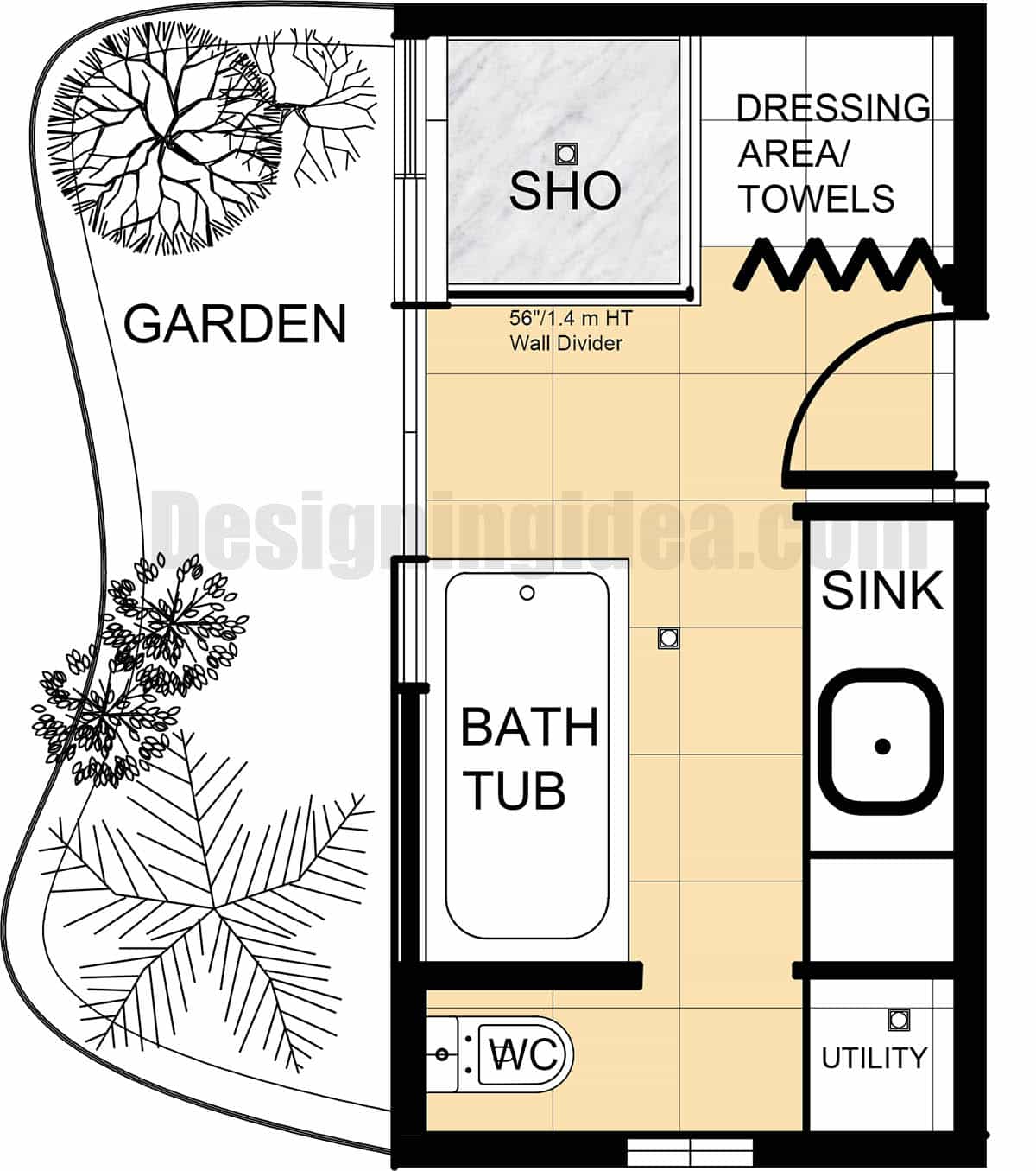 Open plan concept with tub, shower, storage and vanity