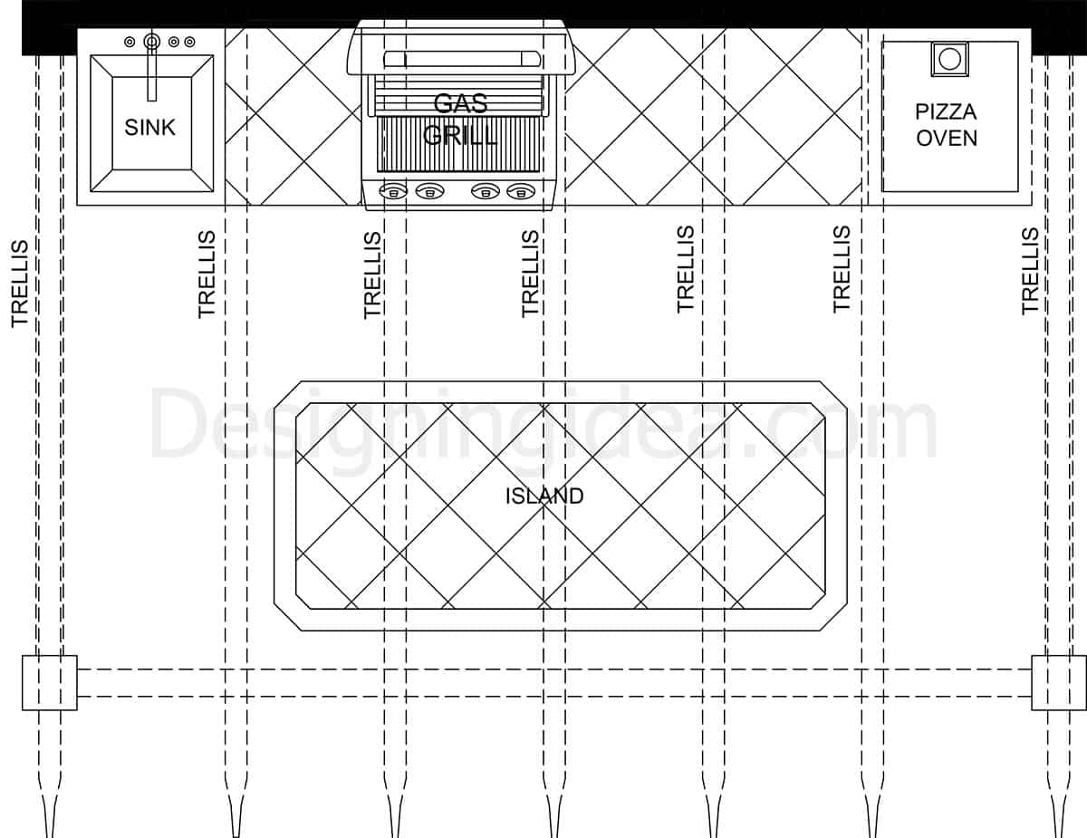 Pergola structure layout with island, grill, pizza oven and sink