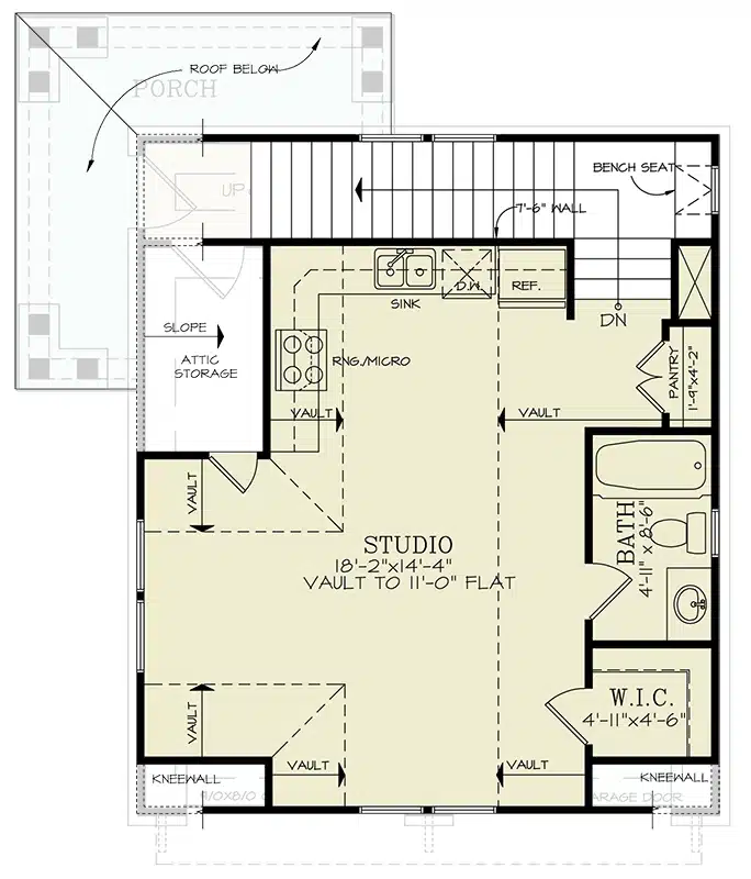 2nd floor studio with living, kitchen, bedroom and bathroom