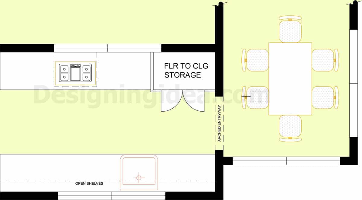 Kitchen illustration showing a traditional galley with an attached dining room 