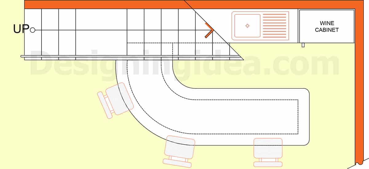 Under stairs bar with curved counter and wine cabinet storage