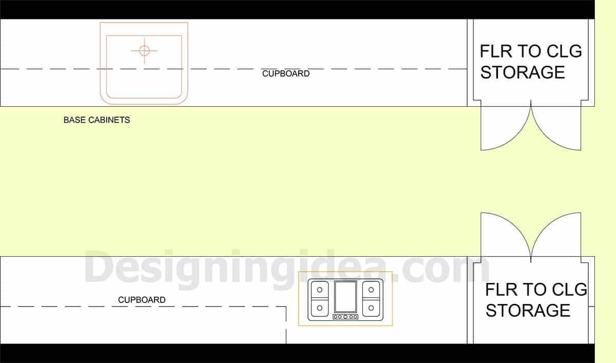 Kitchen design of a galley style with vertical storage