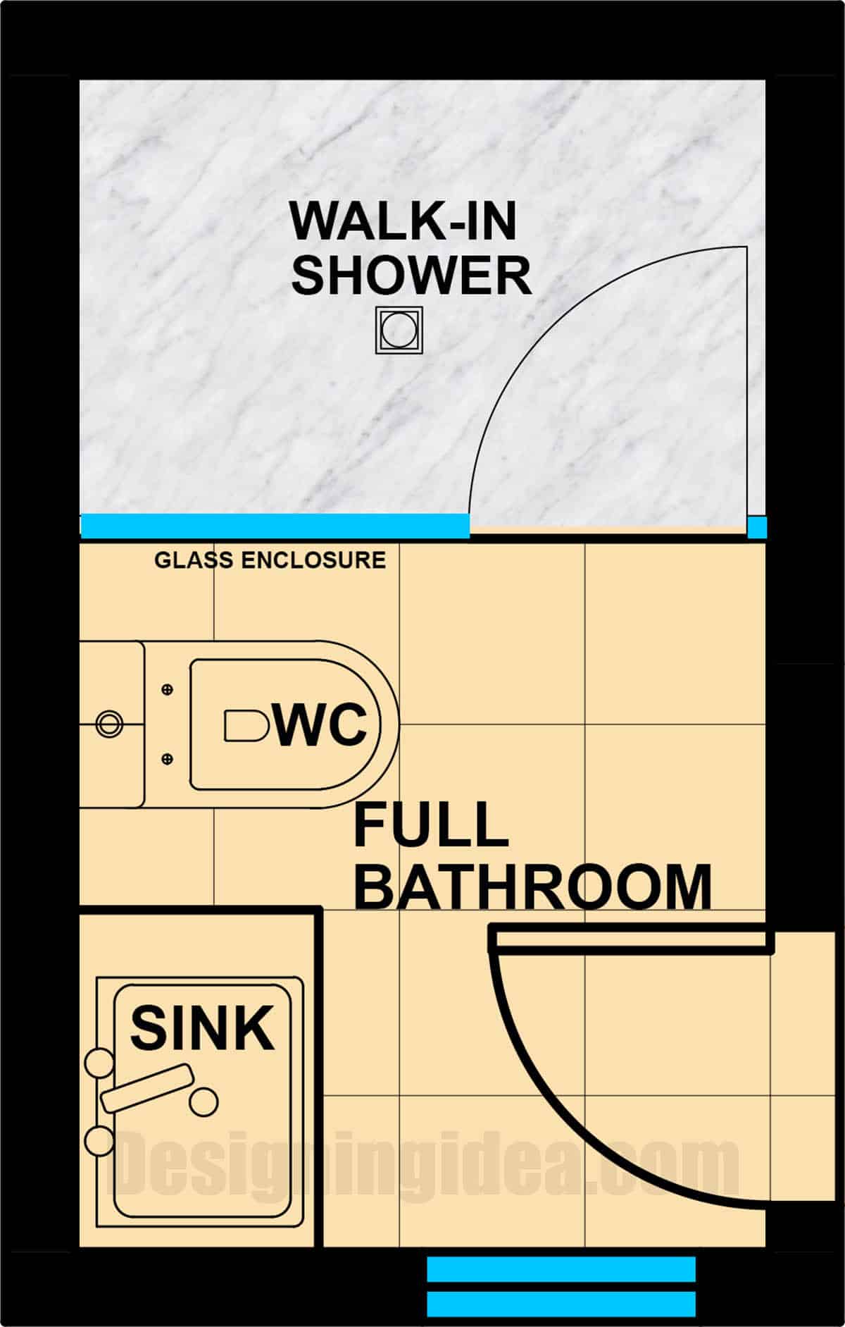 Wet room layout for full bathroom