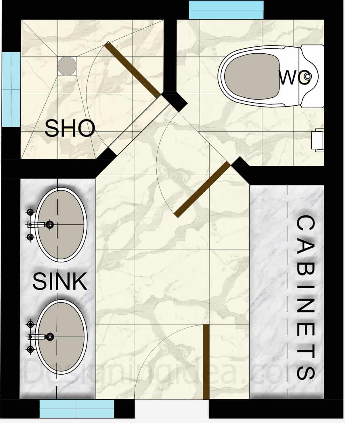 Bathroom with 8x10 size with storage cabinets and two sinks