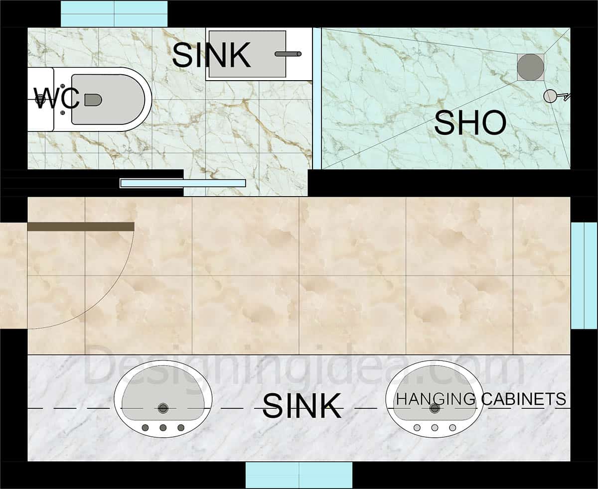 8x10 galley bathroom with zones for toilet, sinks, storage and shower