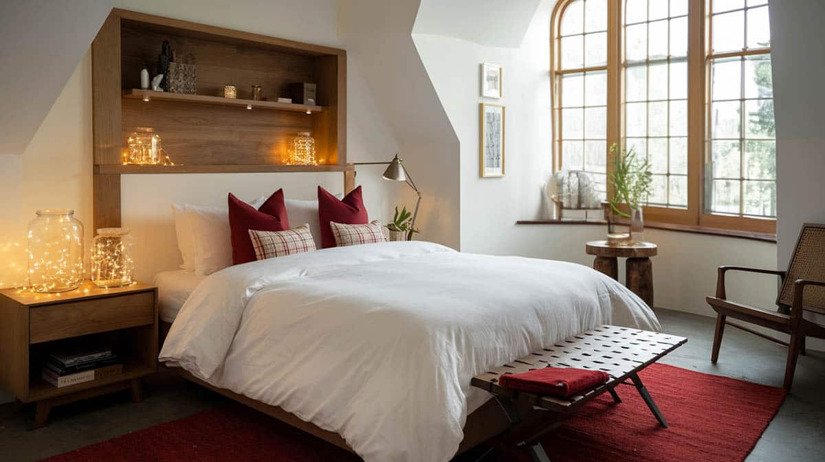 Airy bedroom with fairy lights in jars red pillows and area rug white comforter 