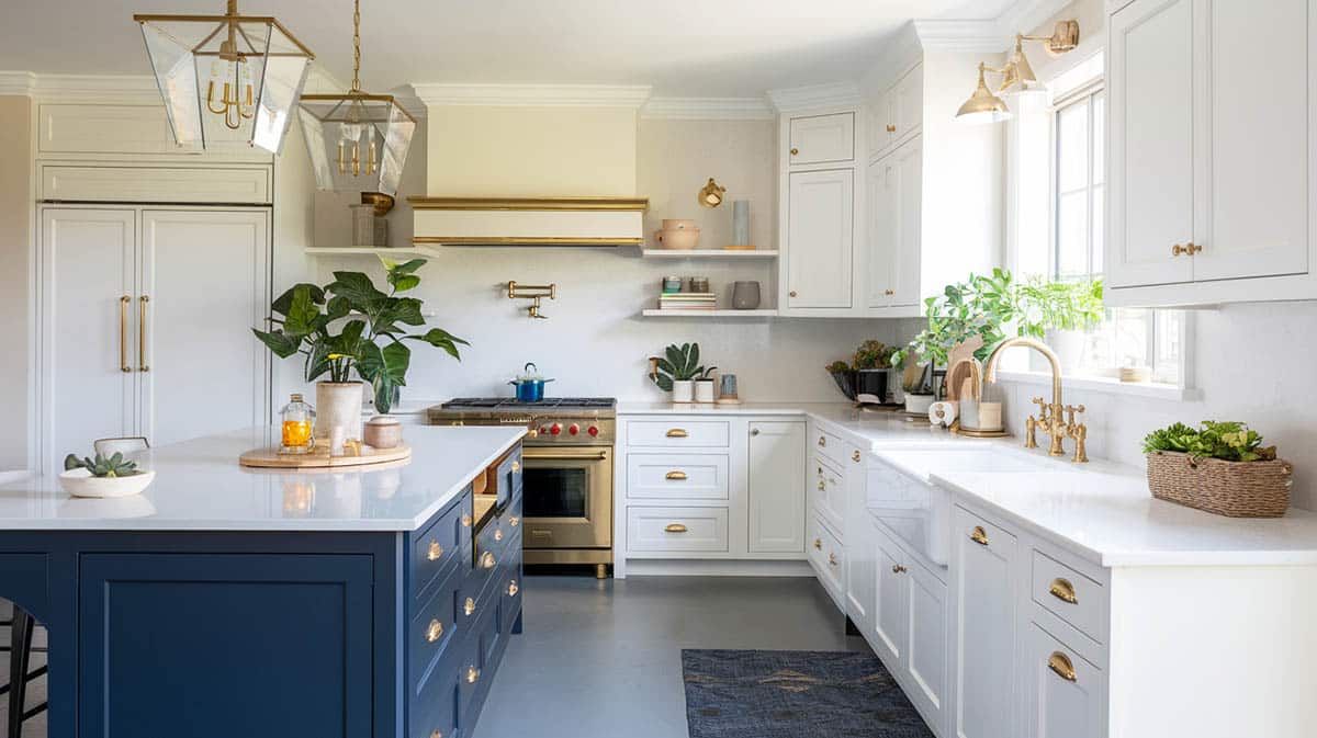 Beautiful kitchen with white shaker cabinets and navy island with gold finishes 