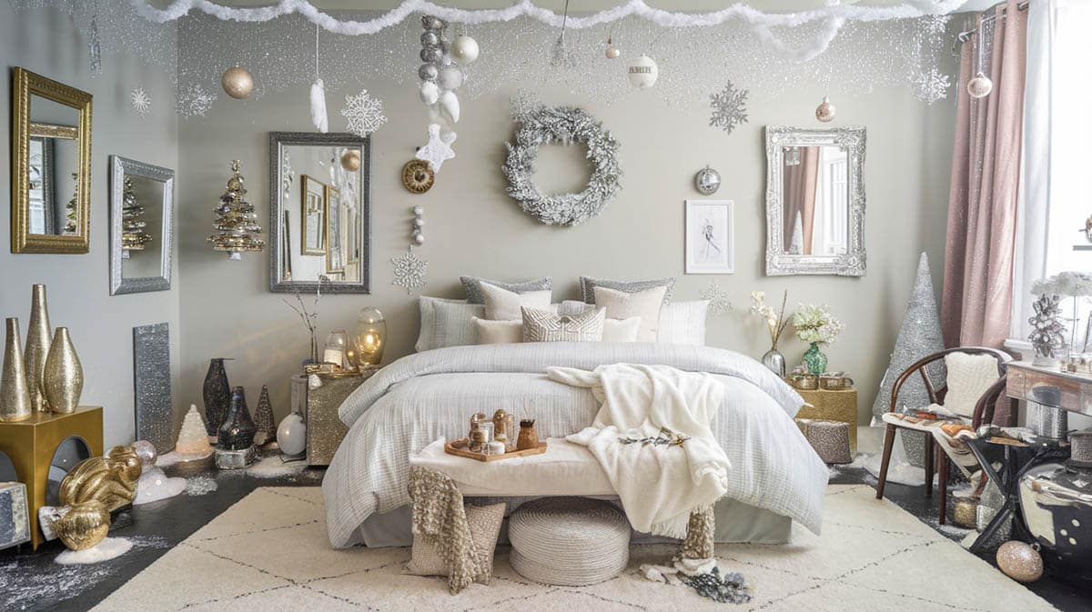 Bedroom with metallic decor in gold and silver