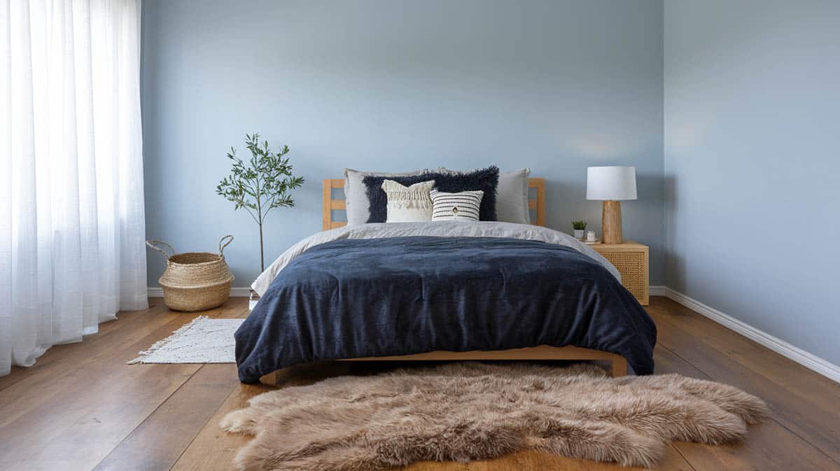 Bedroom with thick fluffy area rug to add warmth