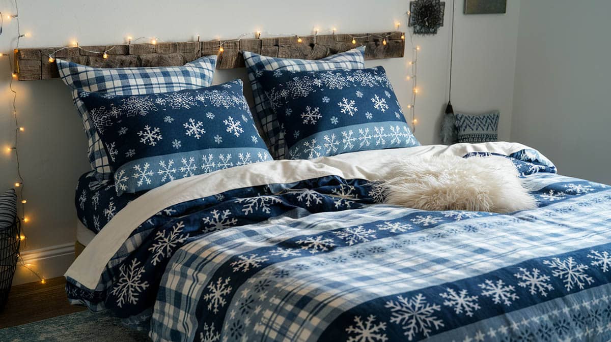 Bedroom with winter style flannel sheets and pillowcases