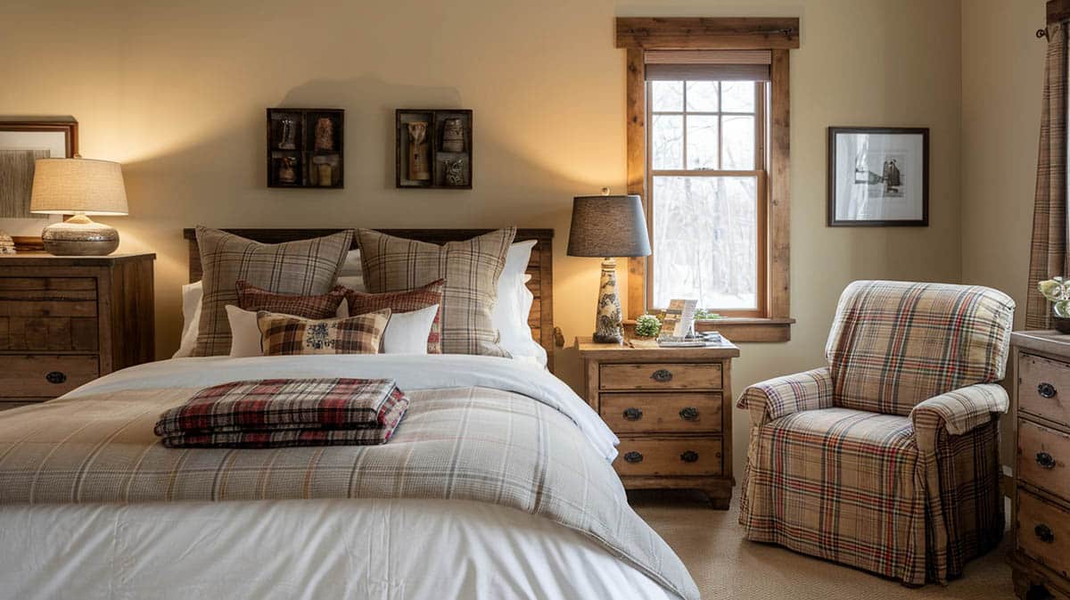 Charming bedroom with cabin vibe and plaid bedding and arm chair