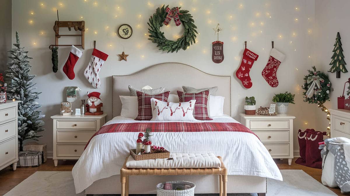 Christmas themed room with tree string lights and hanging stockings