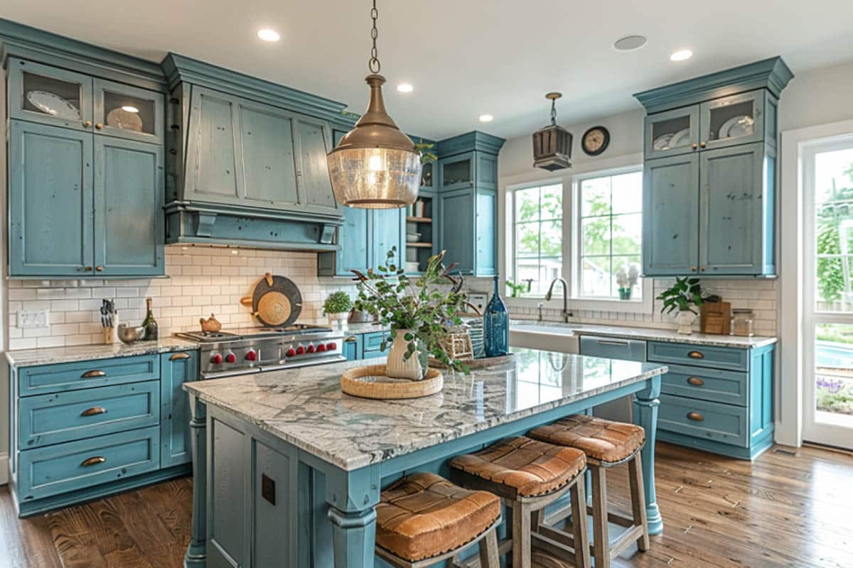 Open plan kitchen with knotty teal chalk paint cabinets