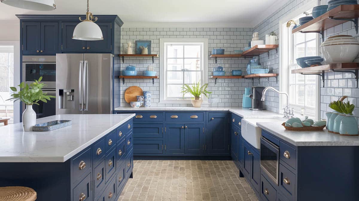 Coastal kitchen with shaker cabinets in navy and a Hamptons style vibe