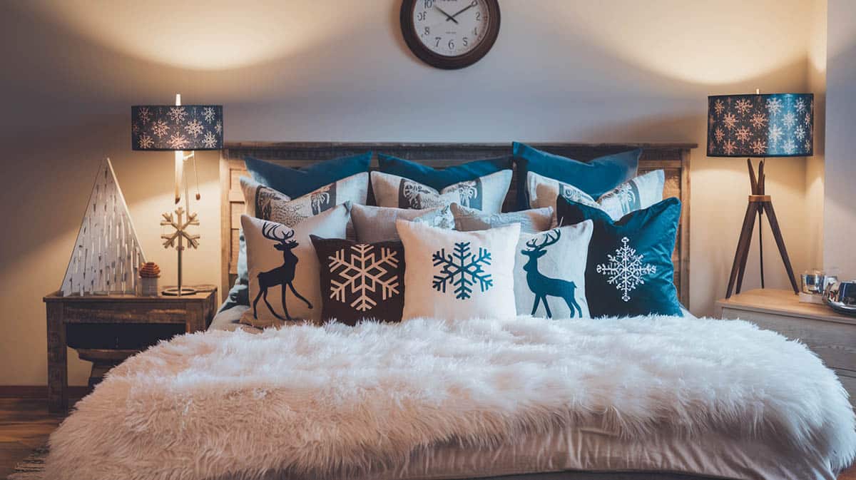 Comfy bedroom with wintery motif pillows with snowflakes reindeer