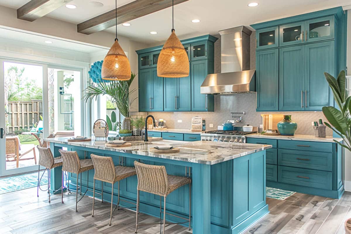 Contemporary coastal kitchen with teal-hued cabinetry, basket pendants and light color backsplash tile