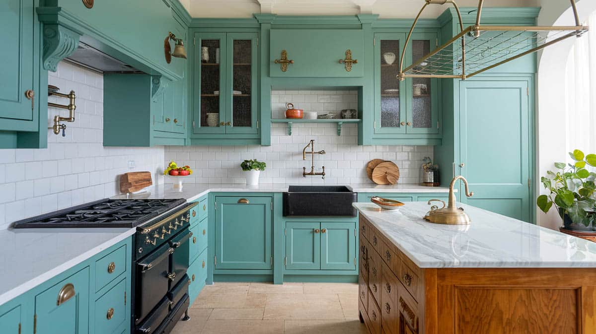 Kitchen with contemporary style and Aegean sea teal for the cupboards