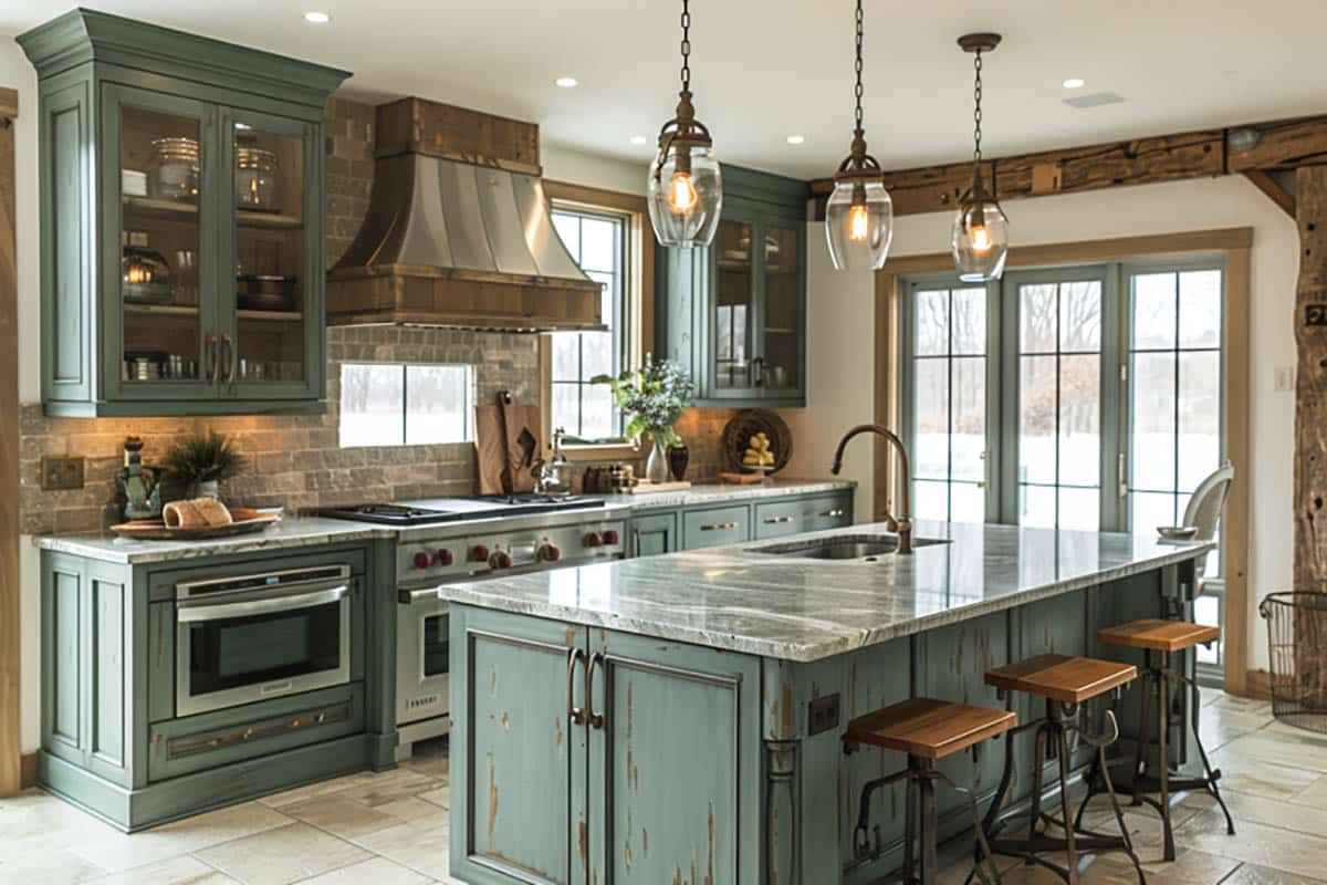 Contemporary decorated kitchen with distressed cabinets with rustic green, stone block backsplash and granite countertops