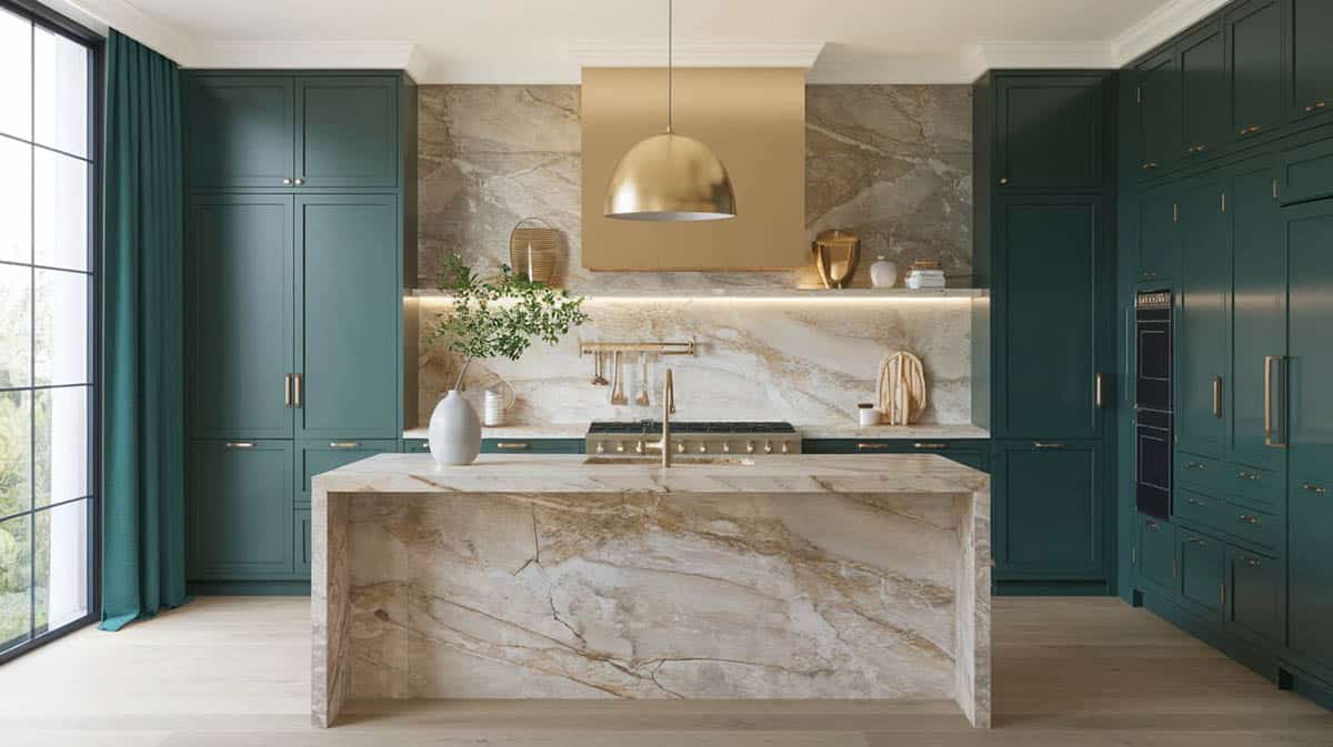 Contemporary kitchen with forest green cabinets stone slab island and backsplash