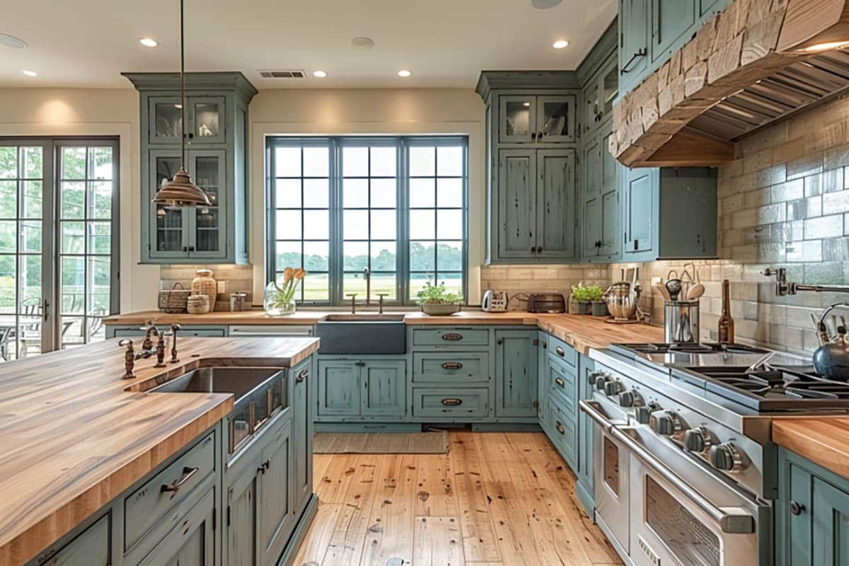 Butcher block countertops paired with distressed teal painted cabinets