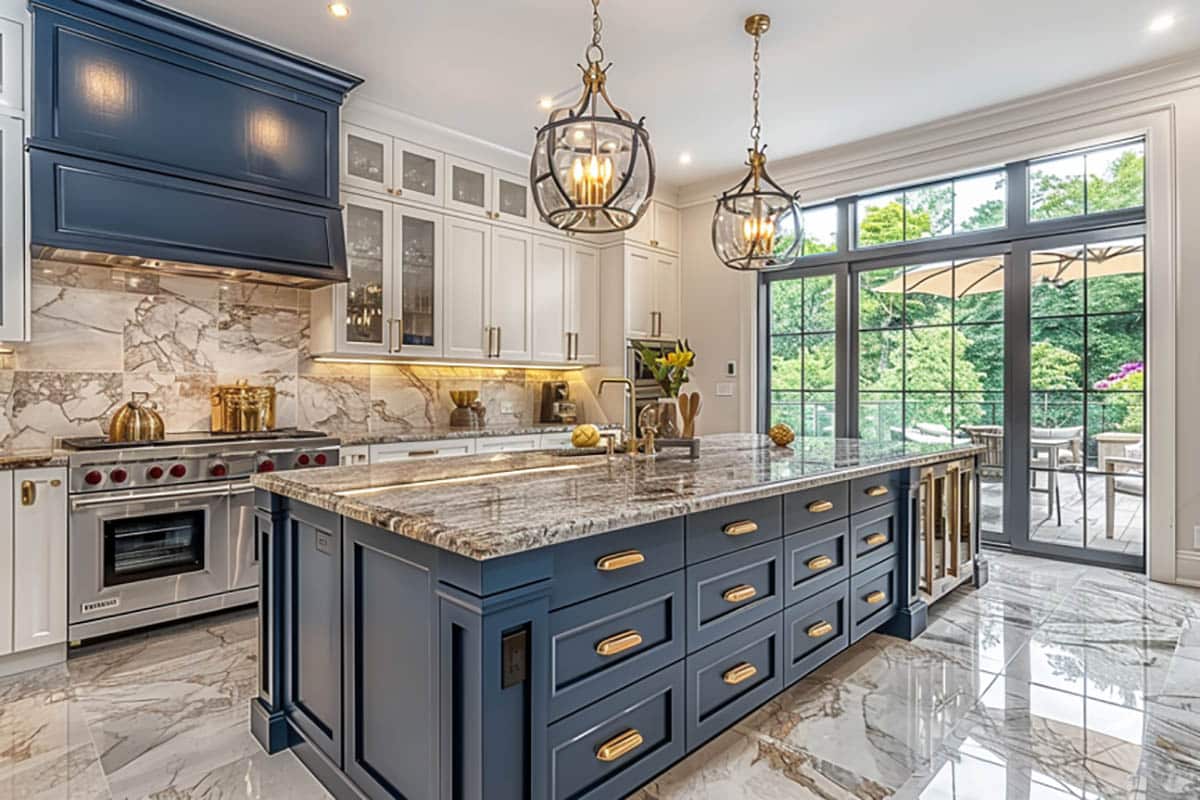 Stylish kitchen with mixed colors and stone slab backsplash