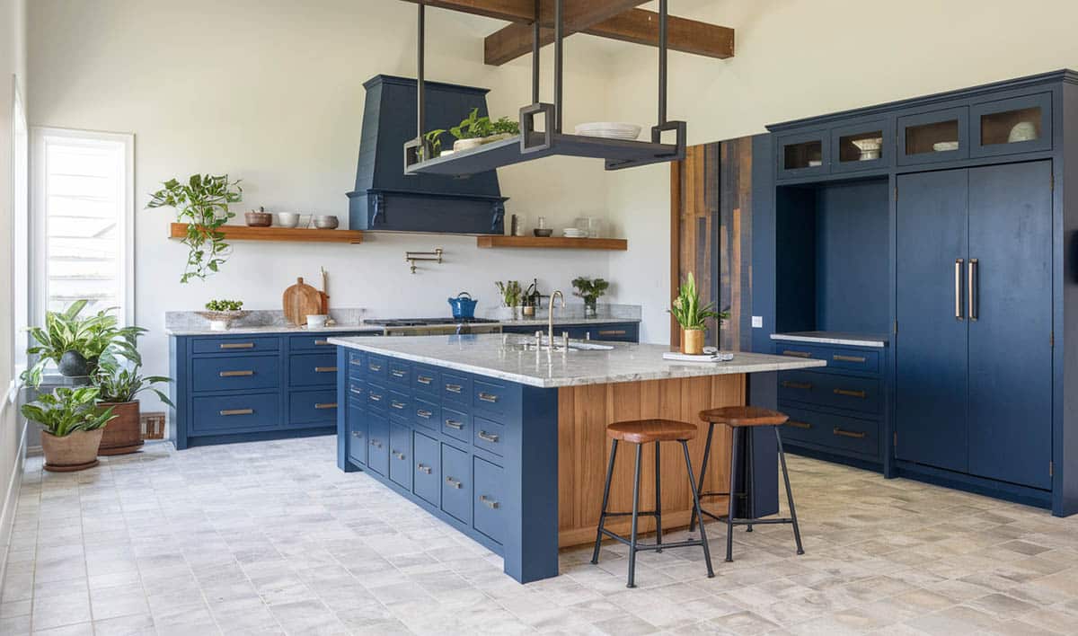 Kitchen with navy blue cabinetry with wood veneer island, brushed gold hardware, tile floors and open concept