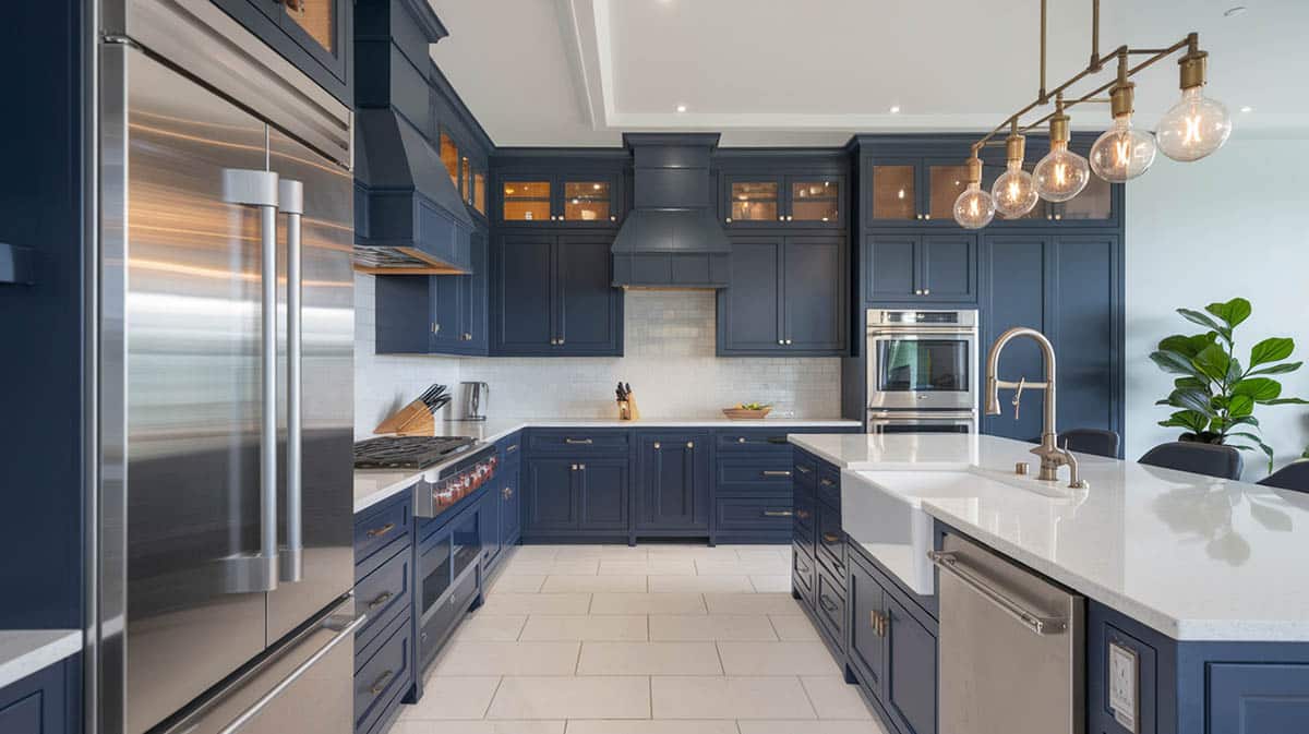 Contemporary kitchen with navy blue cabinets gold hardware white quartz countertops and pendant lighting