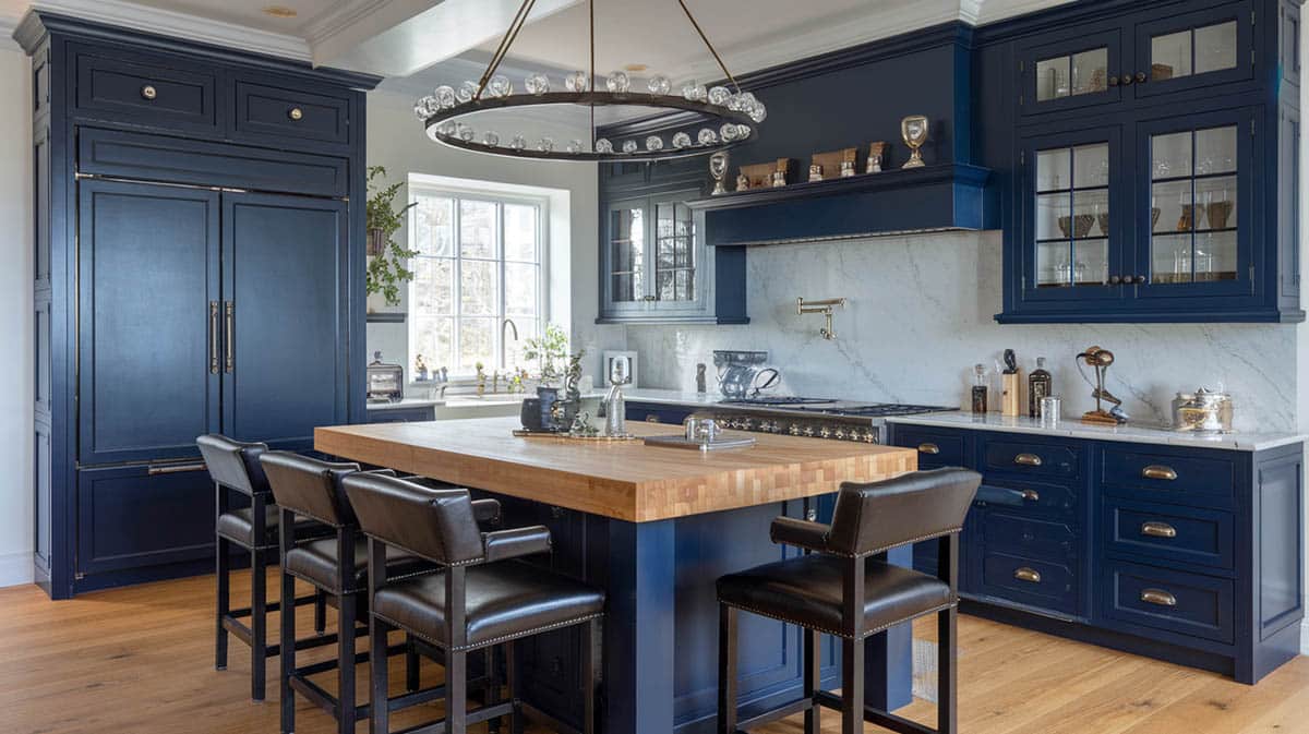 Contemporary style kitchen with navy cabinets and quartz slab backsplash