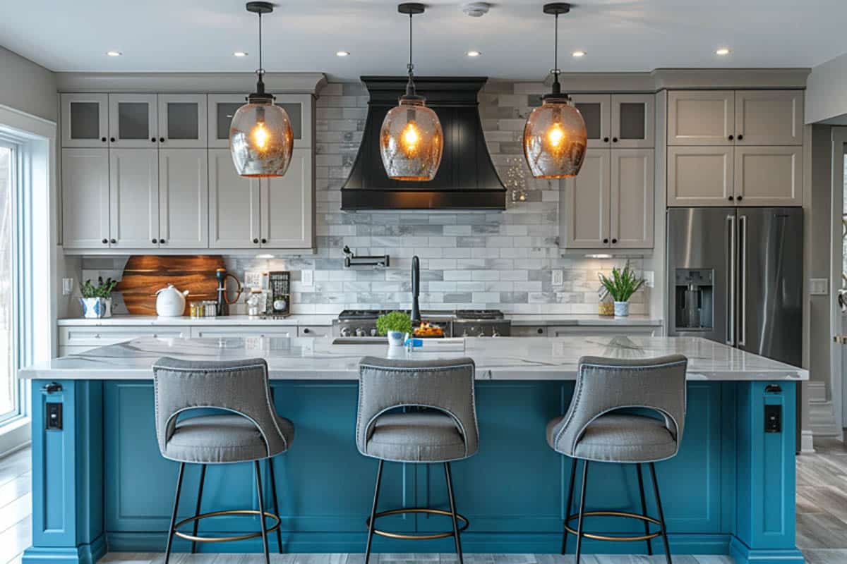 Kitchen with teal-blue island cabinet, off-white main cabinets, pendant lighting and gray wall paint