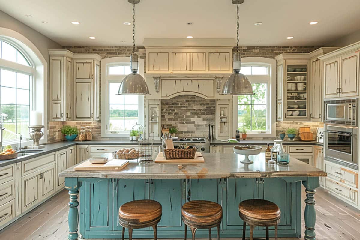 Contemporary two-toned cabinets with teal and white colors kitchen